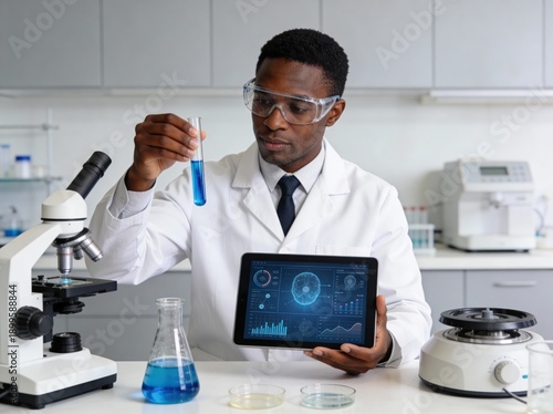 Wallpaper Mural A man in a lab coat holding a tablet with a blue liquid in a beaker Torontodigital.ca