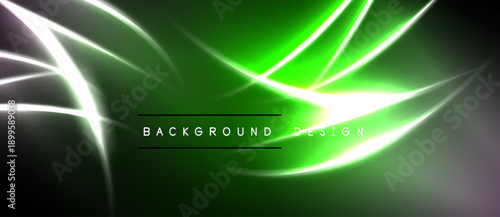 Abstract neon lines over dark green background. Bright glow creates dynamic visual effect. Modern design element.
