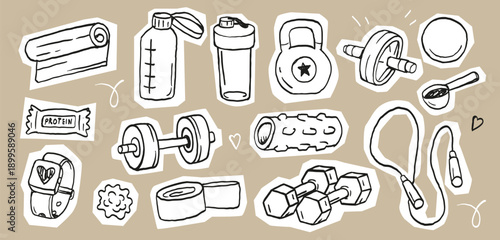 Fitness and workout sticker pack. Doodle illustrations with dumbbells, protein supplements, kettlebell, jump rope and other fitness elements. 