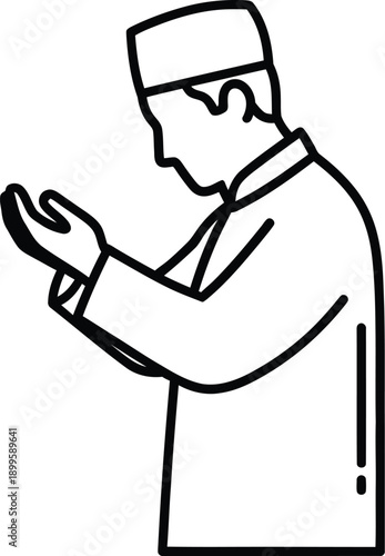 Muslim man praying wearing kufi cap hands raised in supplication religious devotion faith contemplation