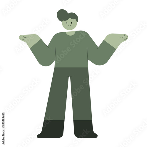 Minimalist vector man shrugging shoulders with confused expression. Simple flat design character for uncertainty, question, confusion and doubt concepts with friendly gesture.