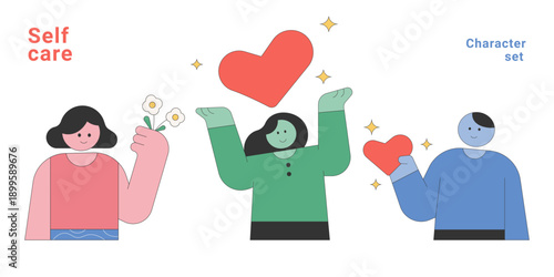 Self-care character set with diverse people showing self-love and wellness. Minimalist flat design collection for mental health, mindfulness and wellbeing concepts with hearts.