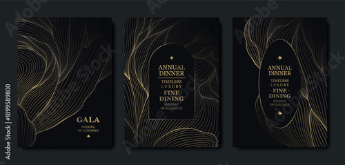 Elegant black background, gold line pattern, gala cards, premium invitations. Luxury abstract vector template, geometric shapes, wavy design, VIP events, business dinners, weddings, posters, flyers