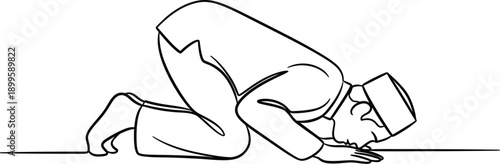Continuous line drawing of muslim man performing sujud prayer position