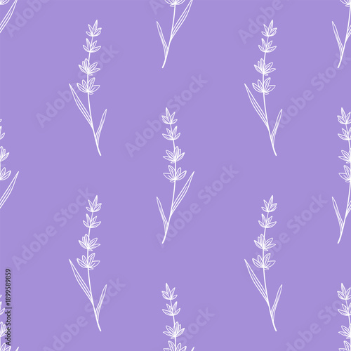 Single lavender flowers on purple background. White silhouette of wildflowers seamless pattern. Rustic botanical floral print, vector graphics