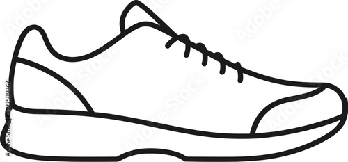 Simple black and white line art icon depicting a classic athletic running shoe design viewed from the side profile for graphic use
