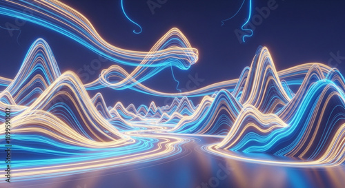 Vibrant digital landscape with glowing blue and orange neon waves on a dark background futuristic abstract scenery