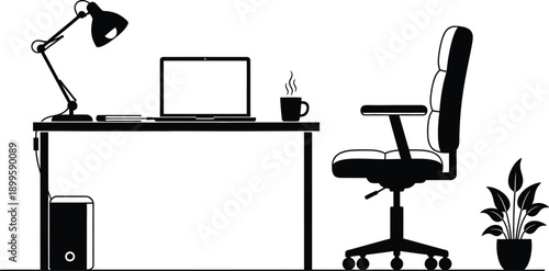 Modern home office workspace silhouette with laptop lamp and desk chair