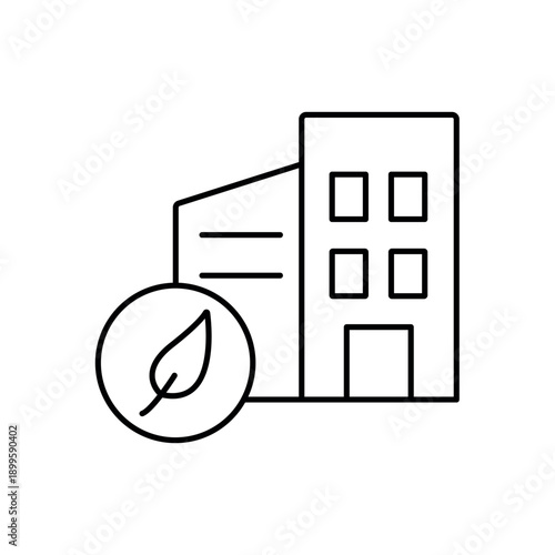 Icon an eco friendly building architecture with leaf sustainability symbol, isolated against a clean background.