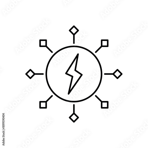 Icon a smart grid energy distribution network with lightning bolt, isolated against a clean background.