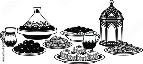 Arabic sweets and dates arranged with lantern for ramadan celebration