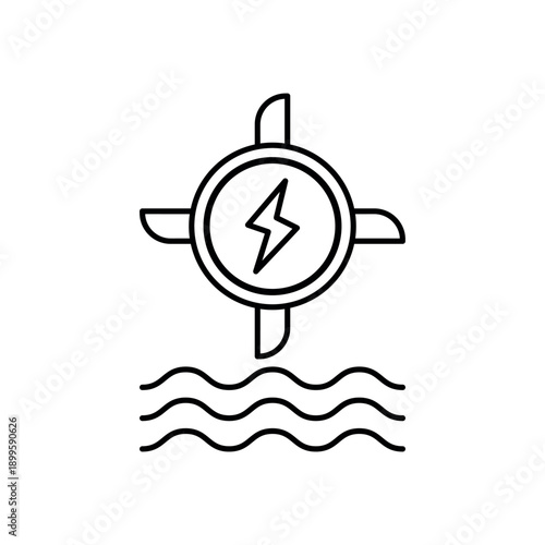 Icon a hydro power generation with water waves and turbine, isolated against a clean background.