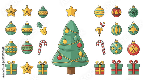 A vibrant Christmas tree surrounded by festive ornaments, gifts, and decorations in a celebratory arrangement.