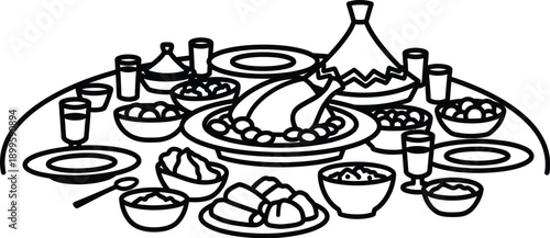 Ramadan feast spread with chicken and various dishes on table