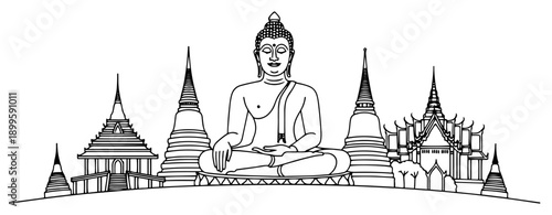 Sitting Buddha statue with thai temple pagodas background