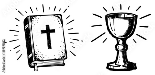 Holy bible book and chalice cup christian symbols
