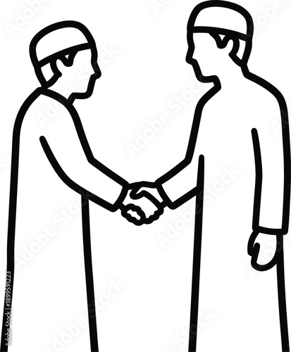 Two muslim men in traditional clothing shaking hands line art