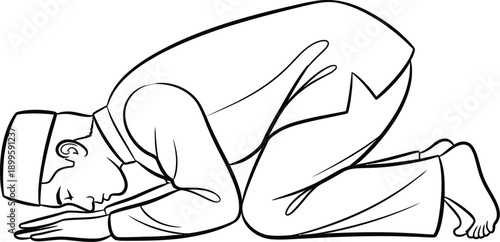 Muslim man in prostration position during prayer line art illustration