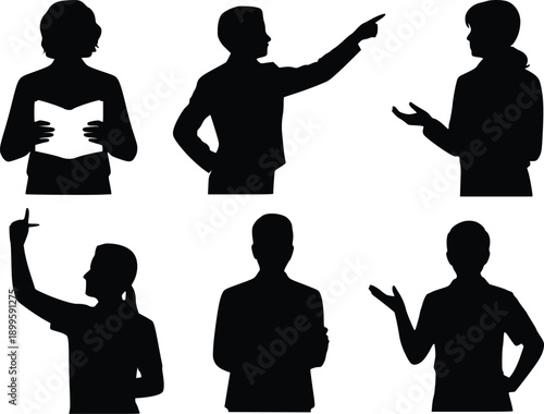 Silhouettes of people in various poses and gestures against a white background