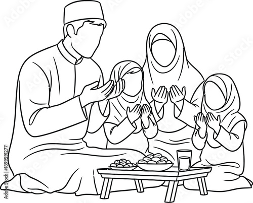 Muslim family iftar line art with checkered background, islamic holy month fasting
