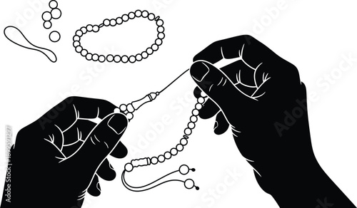 Hands stringing prayer beads tasbih line art, islamic rosary, spiritual meditation practice
