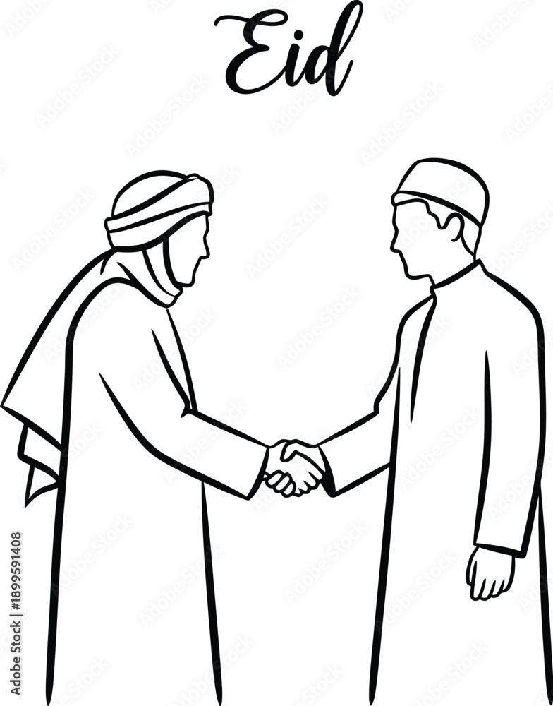 Fototapeta premium Two men in traditional islamic attire shaking hands on Eid celebration
