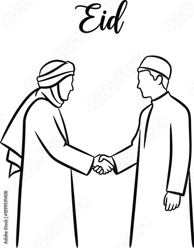 Two men in traditional islamic attire shaking hands on Eid celebration