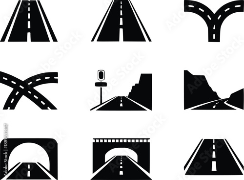Various road and traffic signs in black and white illustrations