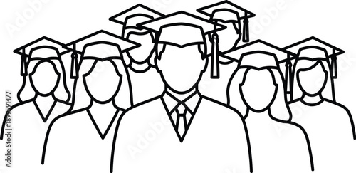 Group of diverse students in graduation gowns and mortarboard caps line art illustration