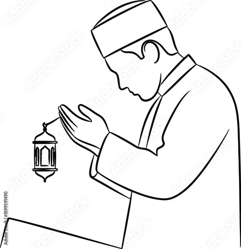 Muslim man profile praying with open palms holding lantern during holy month ramadan