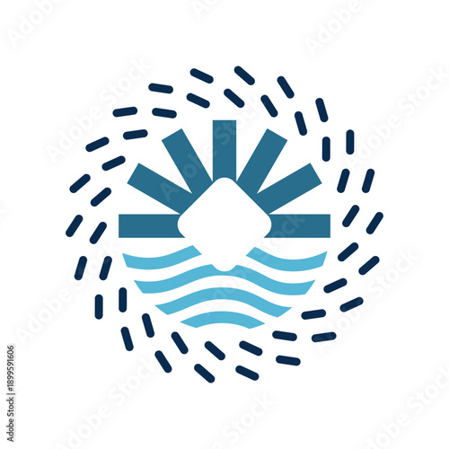 Abstract logo combining sun rays, ocean waves, and data elements to represent clean energy, marine science, and connected systems. Ideal for sustainability, research, or tech branding.