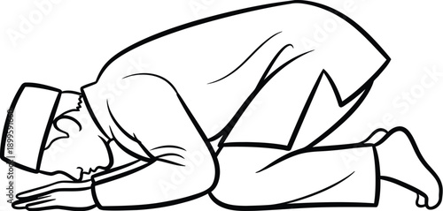 Muslim man praying in sujud pose wearing cap and traditional clothing