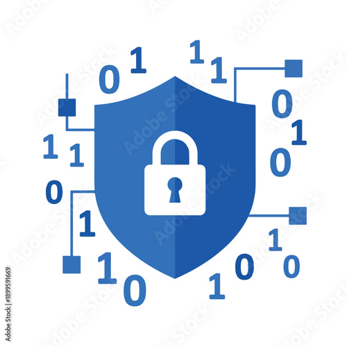 Cyber Security Shield with Padlock and Data Flat Vector