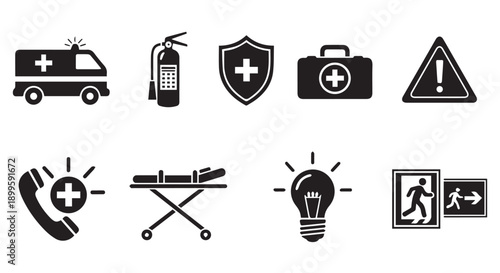 Collection of medical and emergency icons including ambulance, fire extinguisher, shield, first aid kit, warning sign, phone, stretcher, light bulb, and exit signs.