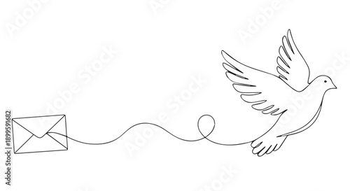 A minimalist line drawing of a flying dove carrying an envelope on a string, symbolizing peaceful communication and freedom.