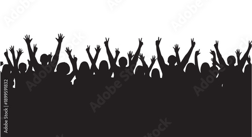 Silhouette of a cheering crowd with raised hands and peace signs on Transparent Background, expressing joy and celebration.