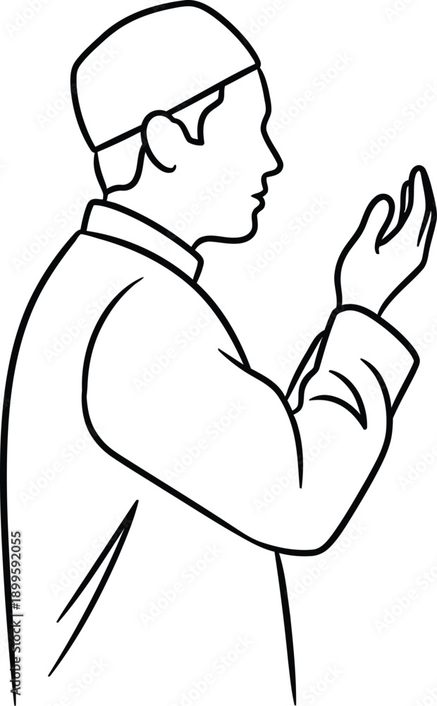 Fototapeta premium Man in prayer position raising hands up vector silhouette line art