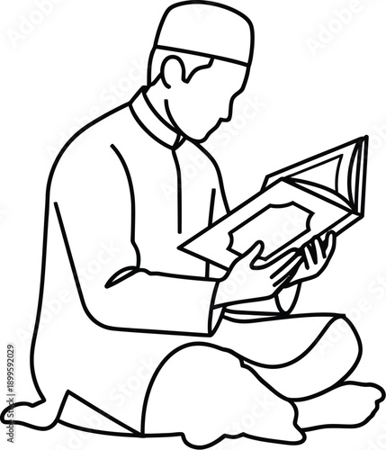 Muslim man sitting and reading holy book vector line art illustration