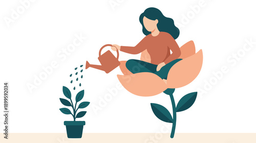 Woman nurturing potted plant while meditating in a large flower, symbolizing growth