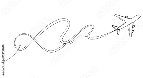 Airplane flying in a continuous line drawing style, symbolizing travel and adventure in the sky.