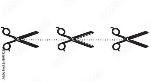 Three black scissors icons cutting through a dotted line on a Transparent Background, symbolizing editing or separation.