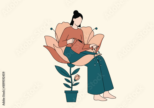 Woman nurturing herself and personal growth with watering can and flower