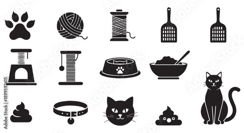 Black and white set of cat related icons including paw print, food bowl, litter scoop, and cat silhouette on Transparent Background.