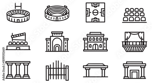 Collection of iconic architectural landmarks and structures in black line art style for design projects