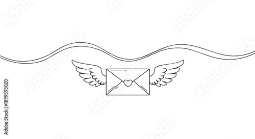 A black line drawing of an envelope with wings and a heart on a wavy line background, symbolizing love mail or romantic messages.