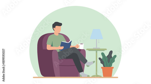 Man relaxing at home, reading a book and drinking coffee in armchair