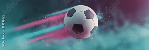 Soccer ball speeding through abstract, dark background with pink and teal smoke trails, dynamic and energetic visual effect