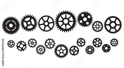 Black silhouette of various sized interlocking gears on Transparent Background for engineering or teamwork concepts.