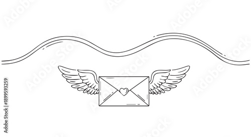 A black and white illustration of a letter with wings and a heart on the seal, symbolizing love mail or romantic correspondence.