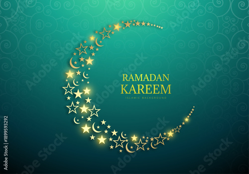 Ramadan Kareem Islamic Greeting Background. Vector Illustration Featuring a Sparkling Crescent Moon Formed by Golden Stars and Moons on Teal Arabesque Pattern. Ramadan pattern, ramadan background